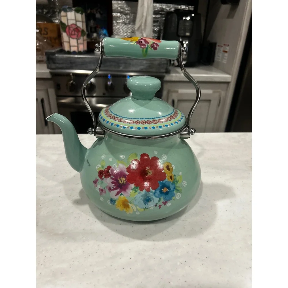 The Pioneer Woman Breezy Blossom Tea Kettle 1.9 Quart Enamel Steel Mint Floral